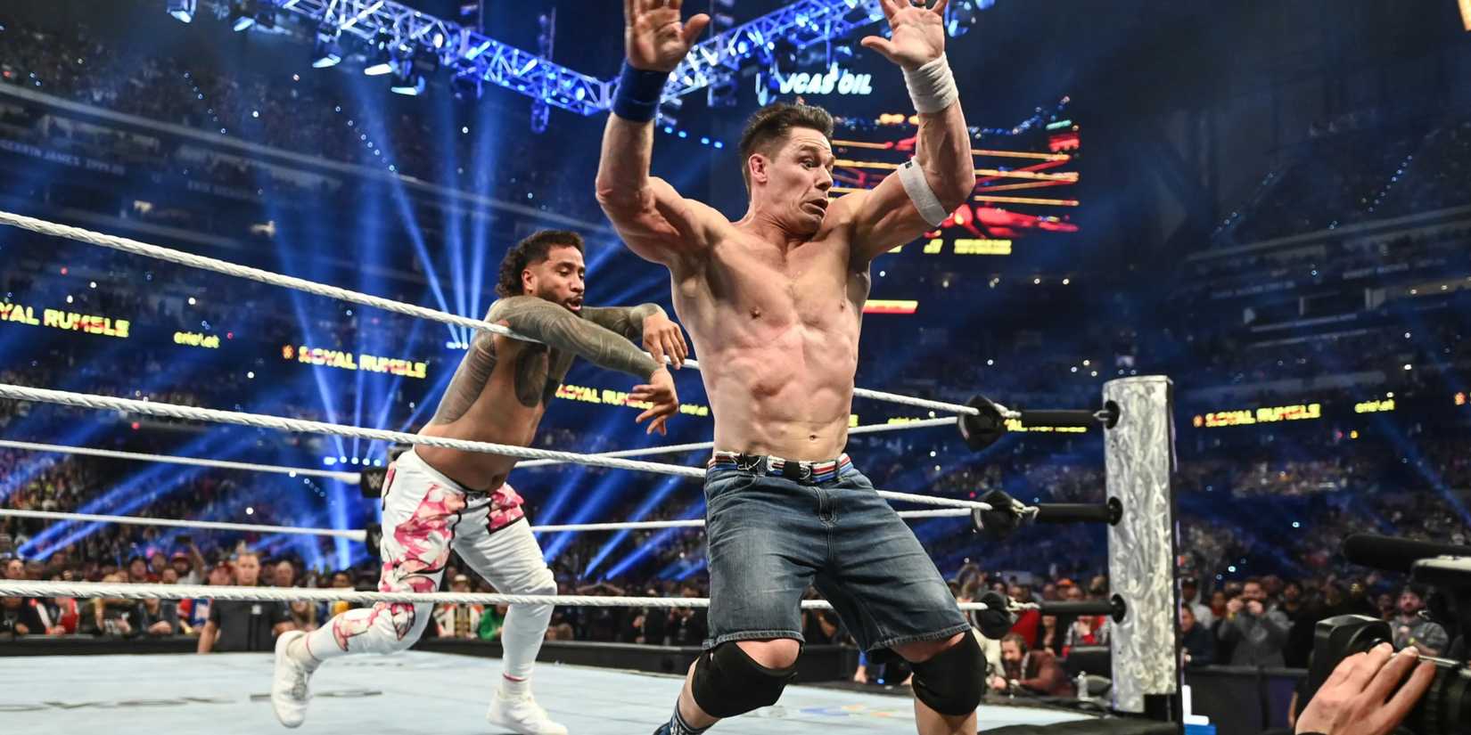 jey uso eliminating john cena from the royal rumble.