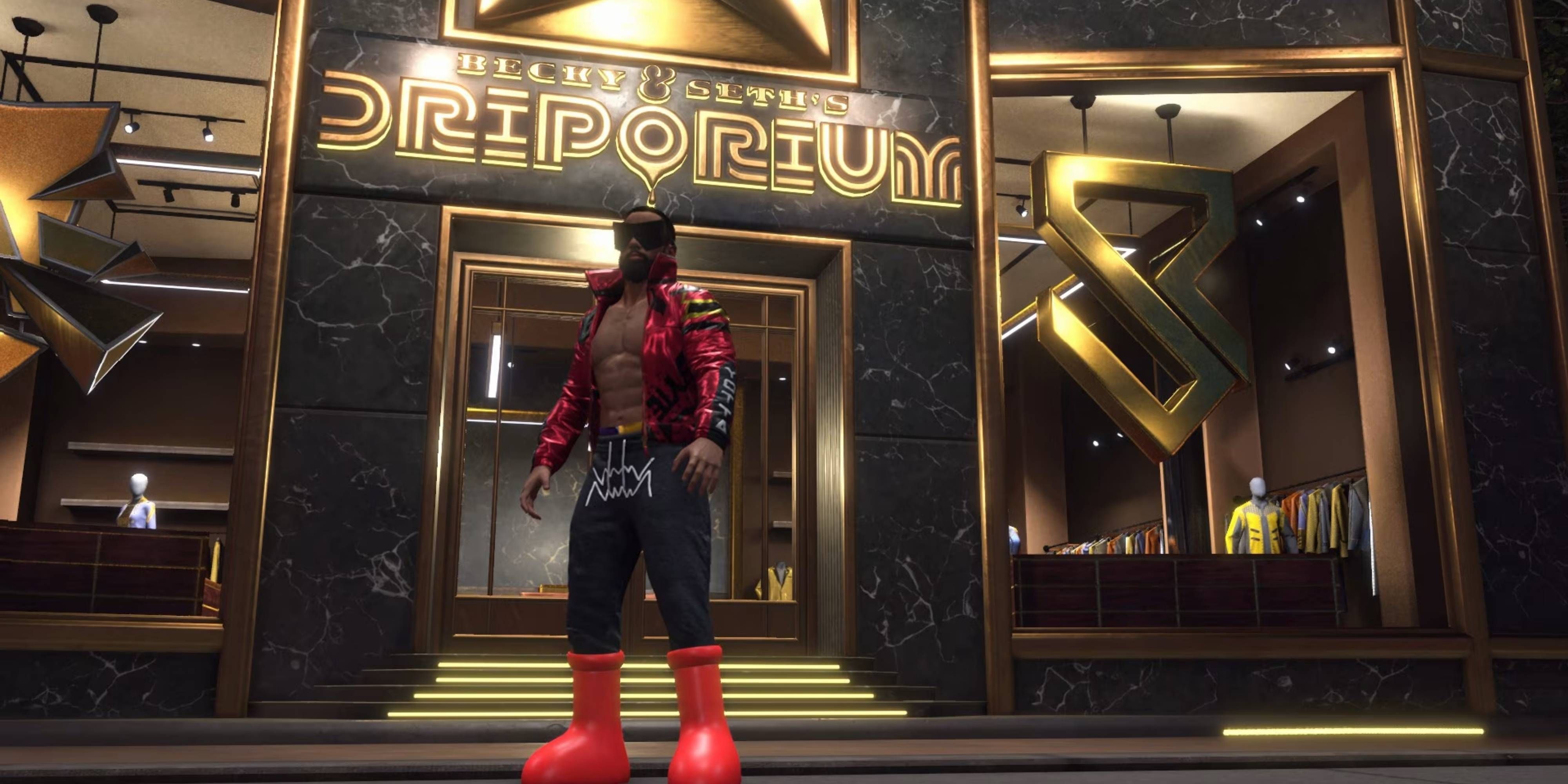 wrestler standing outside becky and seth's emporium in wwe 2k25.