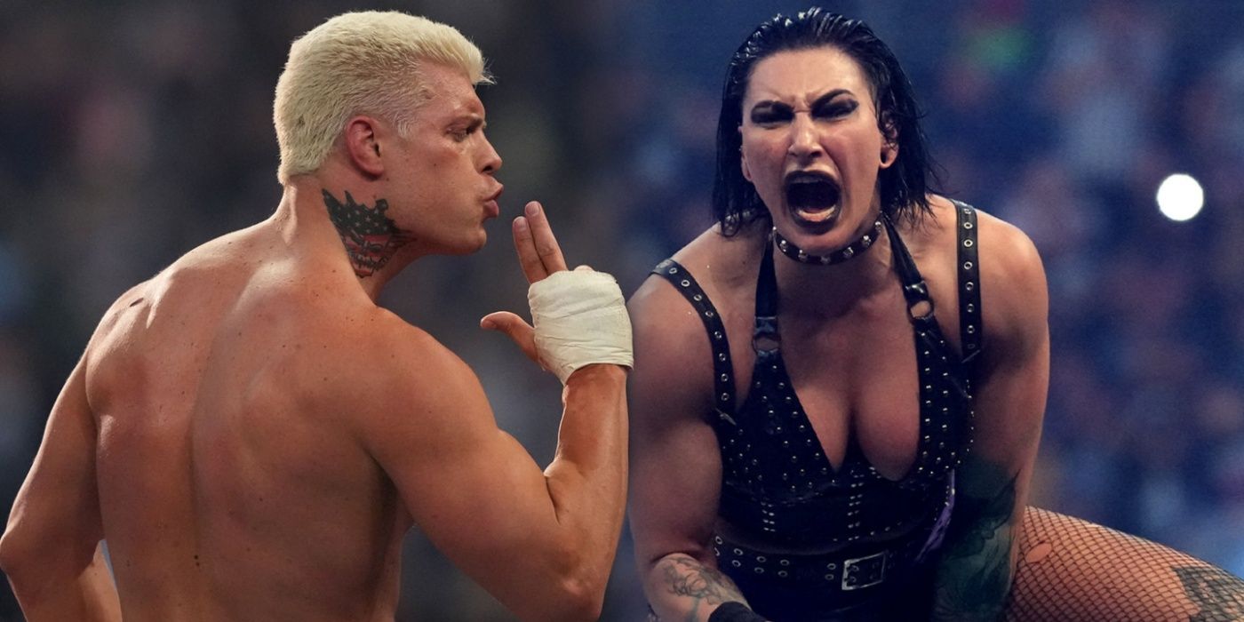 Cody Rhodes and Rhea Ripley celebrating their Royal Rumble wins 