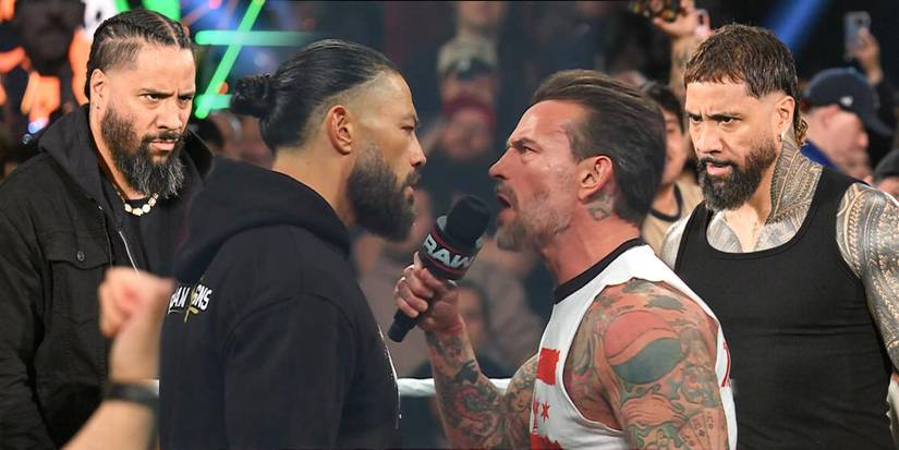 The Usos surround a WWE promo between Roman Reigns and CM Punk