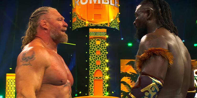 Brock Lesnar facing off with Oba Femi