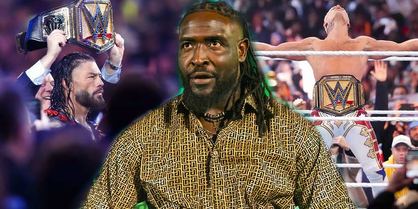 Oba Femi next to Roman Reigns & Cody Rhodes as WWE Champions