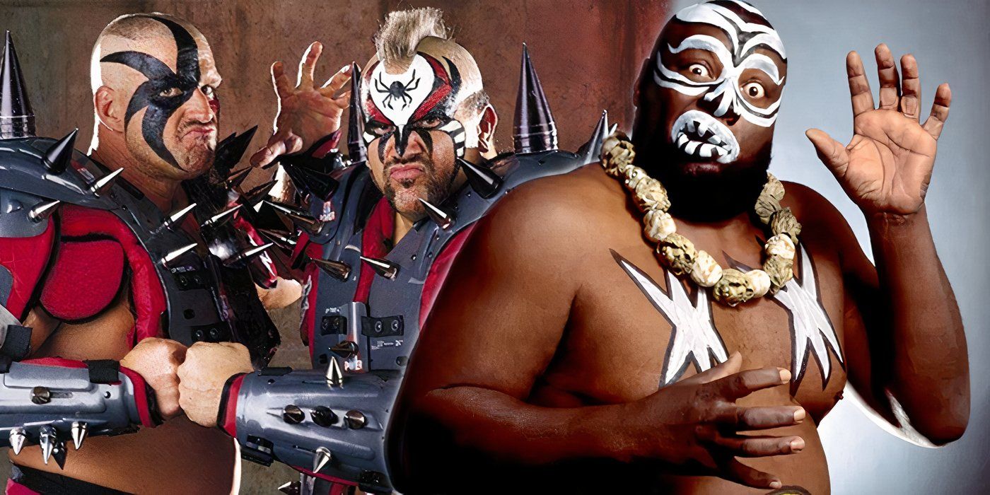 The Road Warriors posing for promotional pictures. Kamala posing with his hand up.