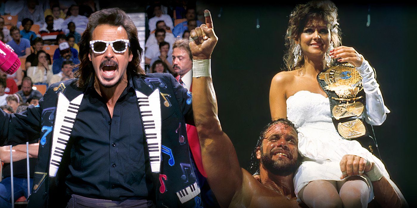 Jimmy Hart yelling from excitement. Miss Elizabeth riding on Randy Savage's shoulders.