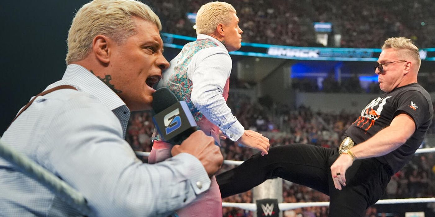 Cody Rhodes giving a WWE SmackDown promo and being attacked by Pat McAfee