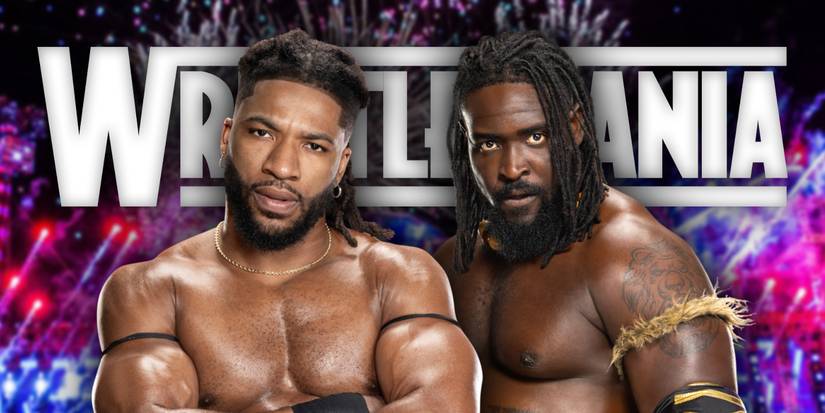 Trick Williams and Oba Femi in front of the WrestleMania logo