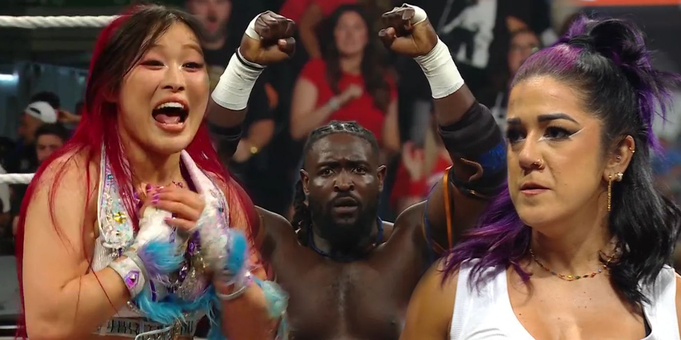 Iyo Sky, Oba Femi and Bayley in WWE