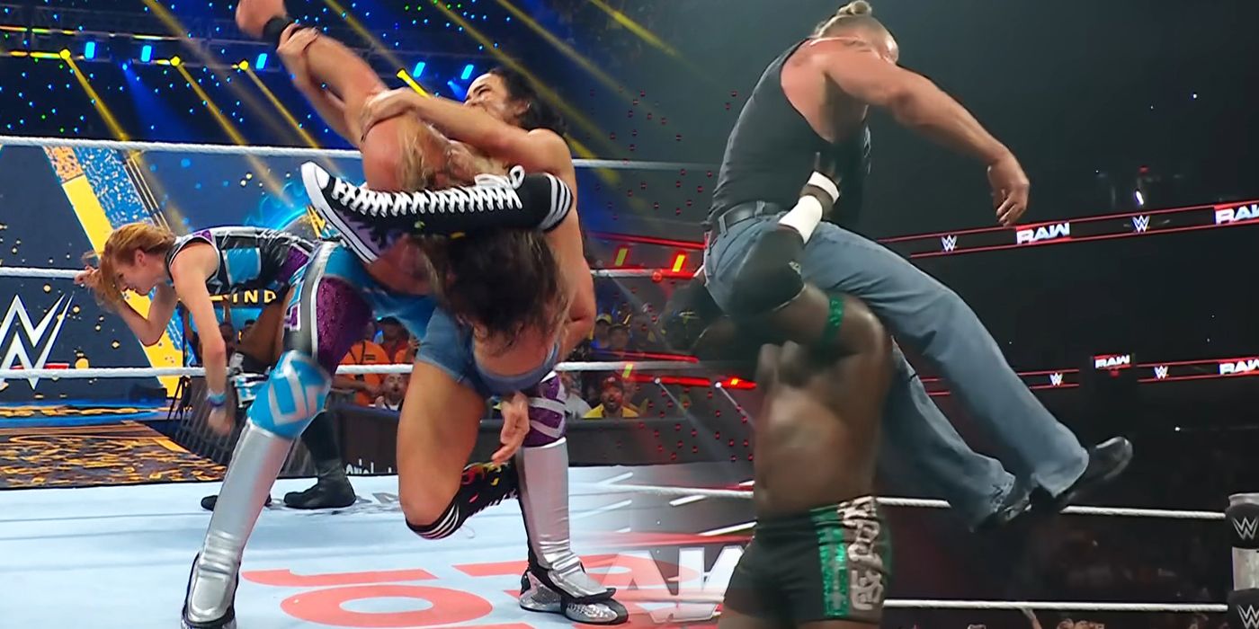 Oba Femi and AJ Lee using their finishing moves in WWE