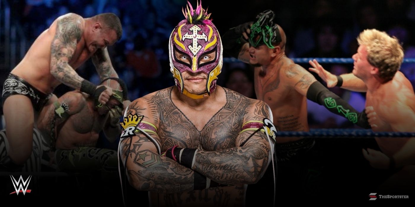 Rey Mysterio in WWE and having his mask ripped off by Randy Orton and Chris Jericho