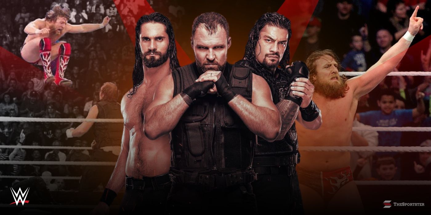 Seth Rollins, Dean Ambrose, and Roman Reigns in The Shield, a match with Daniel Bryan