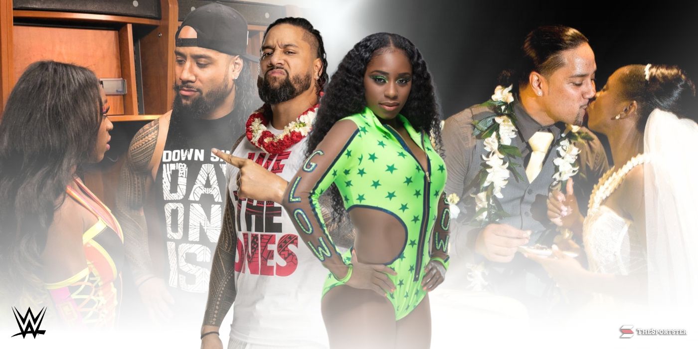 Jimmy Uso and Naomi in WWE and kissing at their wedding