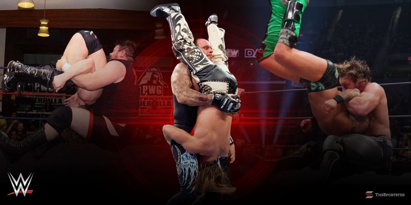 A collage of wrestlers doing the piledriver on their opponents