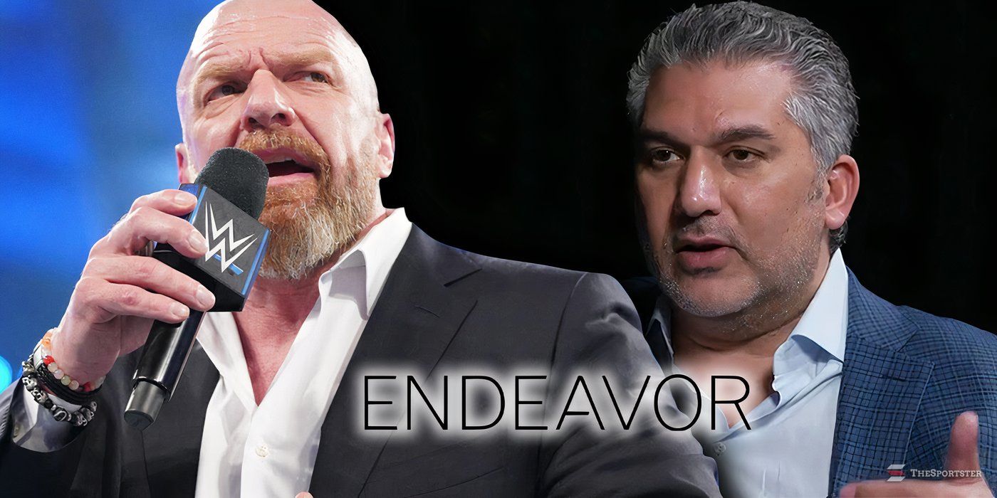 Triple H, Nick Khan and the Endeavour logo