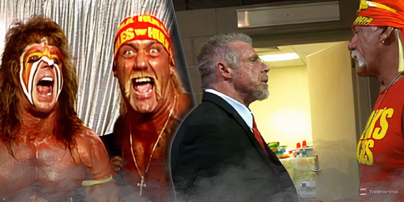 Ultimate Warrior and Hulk Hogan during a promo and talking backstage