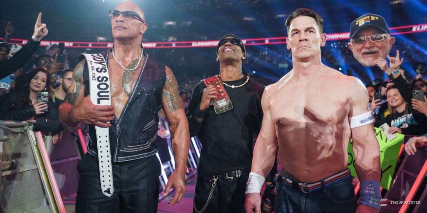 The Rock, Travis Scott, and John Cena at Elimination Chamber