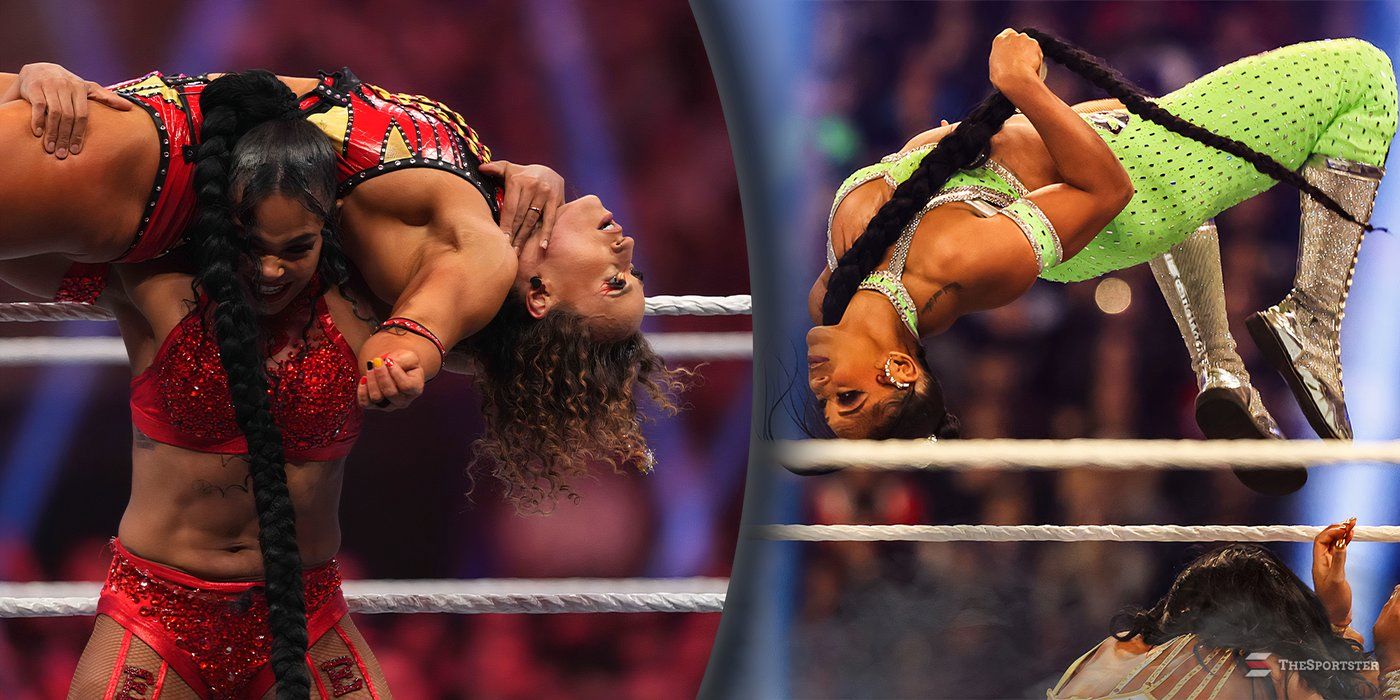 Bianca Belair wrestling with her long hair braid in WWE