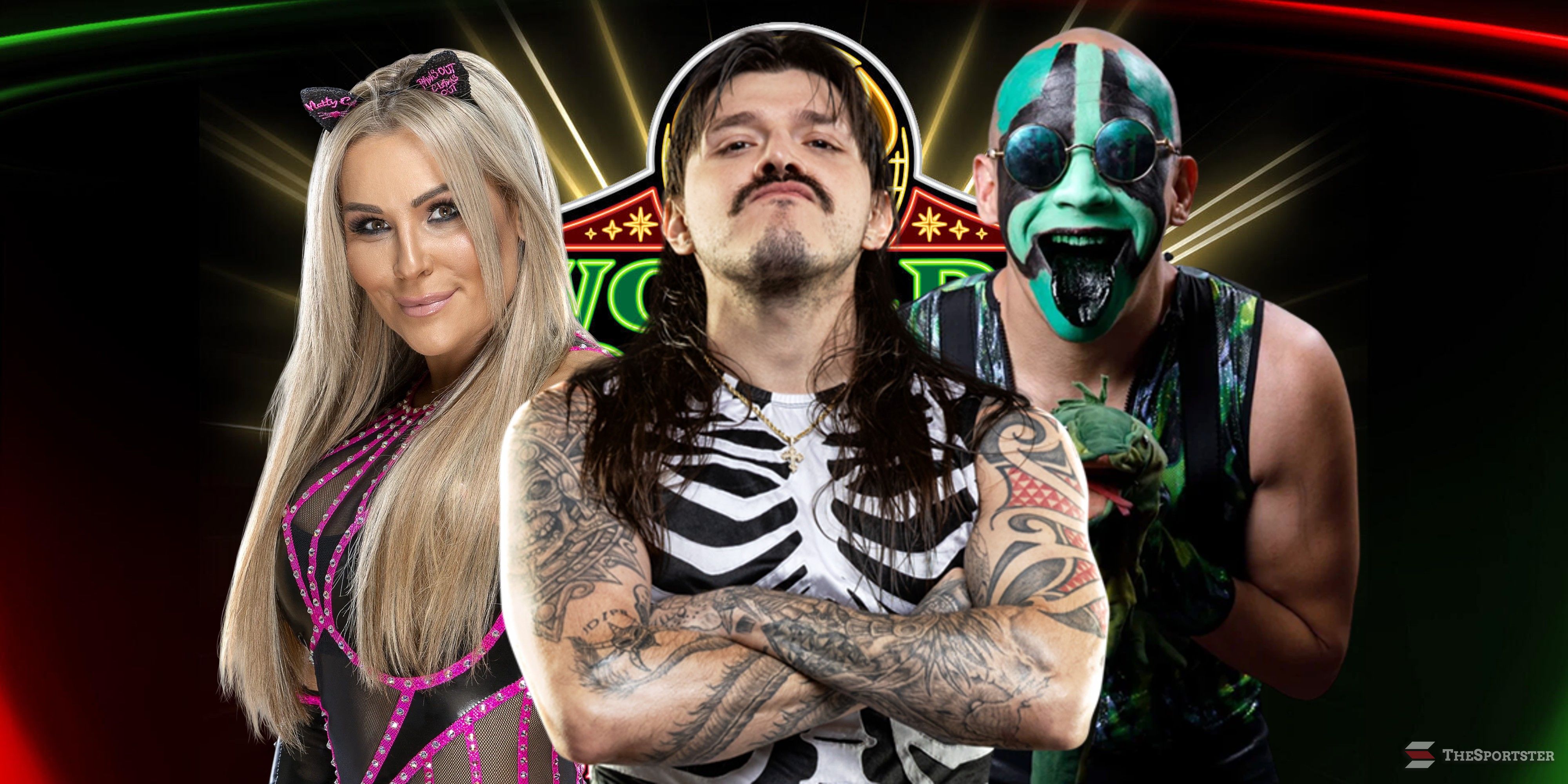 natalya domink mysterio and mr iguana on a worlds collide banner.