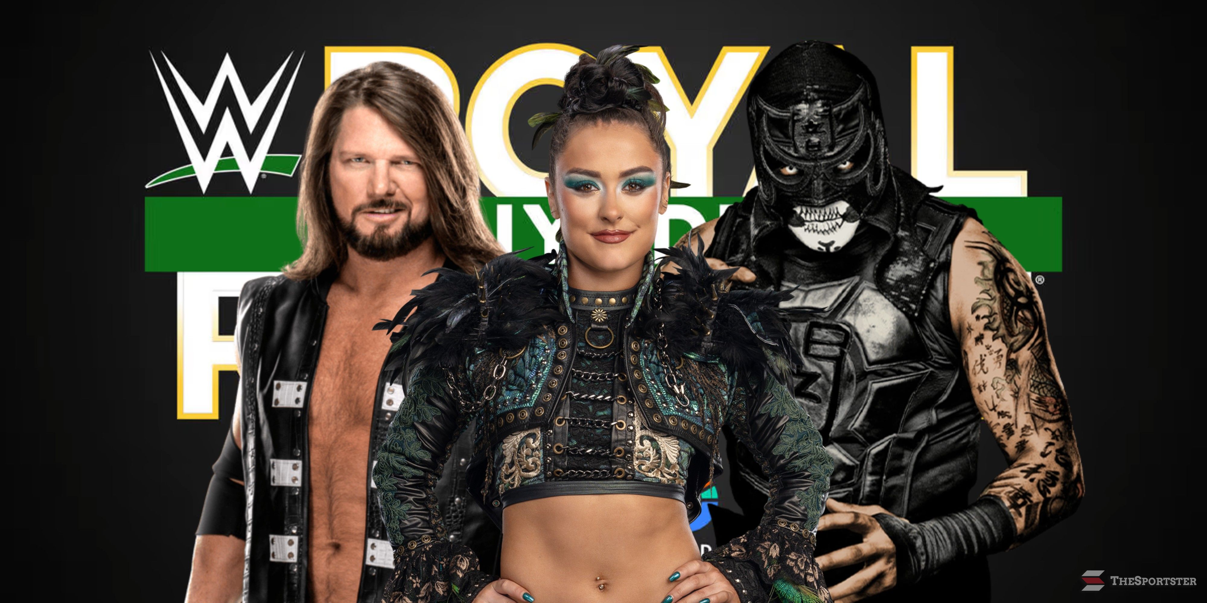 aj styles lyra valkyria and penta in front of the royal rumble logo.