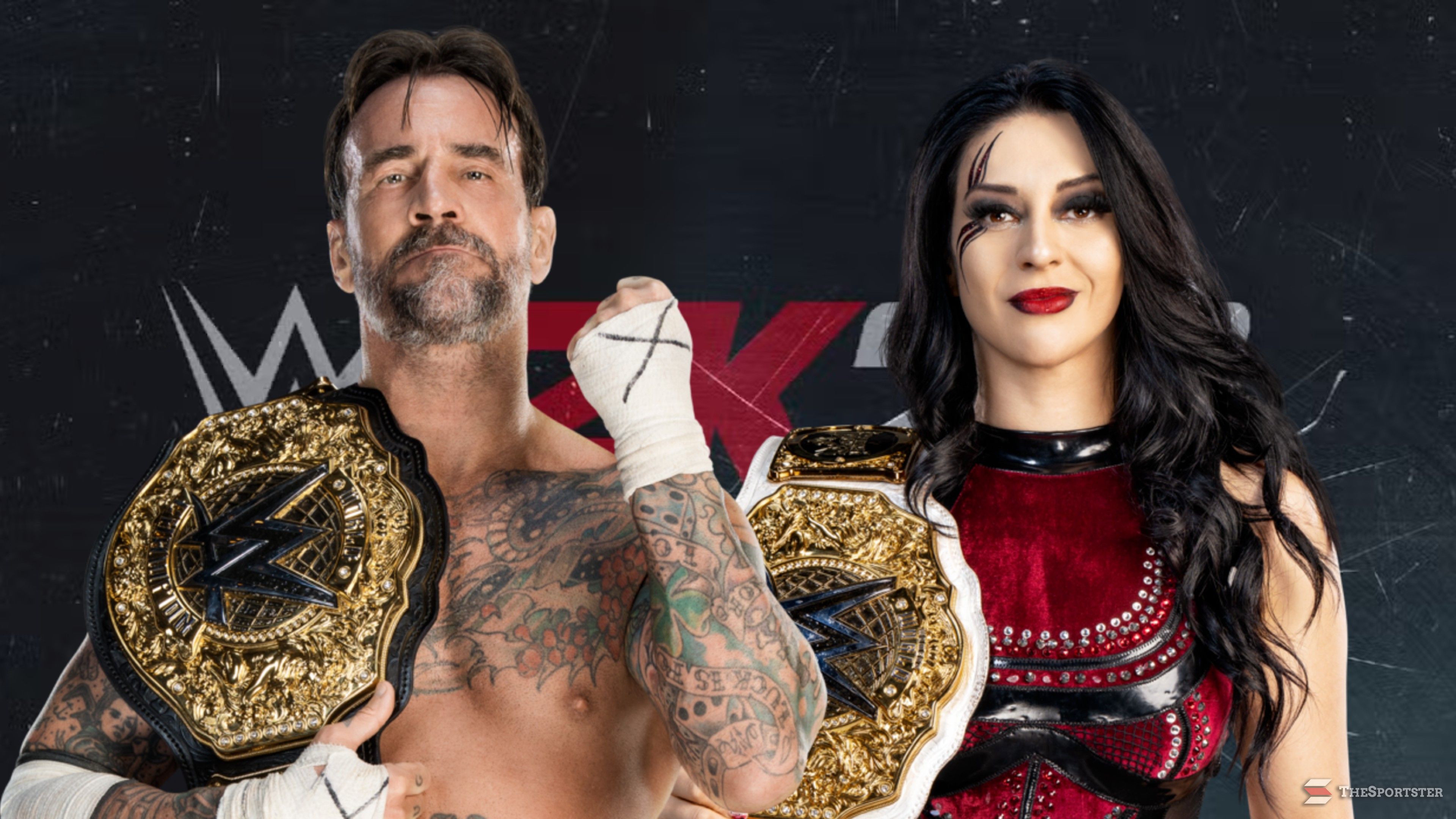 cm punk and stephanie vaquer with their world titles in front of the wwe 2k26 logo.